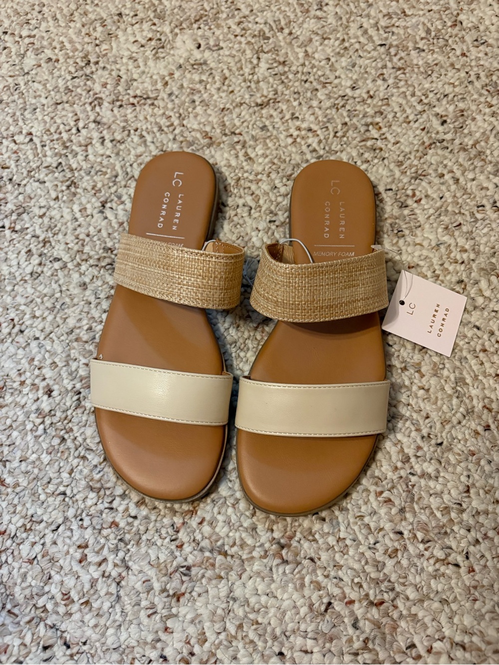 LC Lauren Conrad Beige and Tan Double Strap Slide Sandals